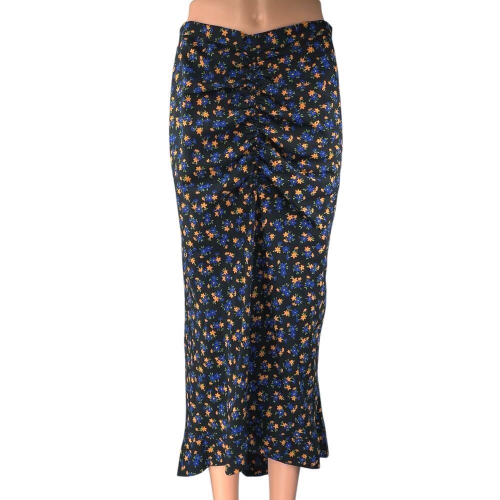 Topshop Women's Black Multicolor Floral Ruched High Low Midi Slip Skirt Size 6
